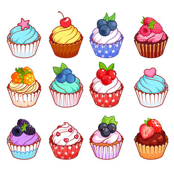 Set of cupcakes with different toppings.