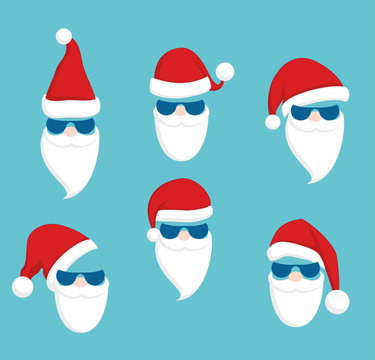 Set of Santa Claus faces with sun glasses. Christmas clothes holiday elements on blue background