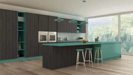 Minimalistic kitchen with wooden and turquoise details, scandina