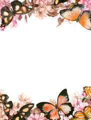 Fototapeta premium Butterflies, flowers. Floral card. Vintage watercolor