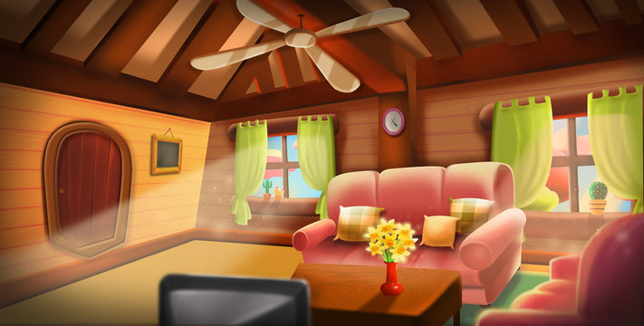 Inside of Tree House, Warm Cabin. Video Game's Digital CG Artwork, Concept Illustration, Realistic Cartoon Style Background

