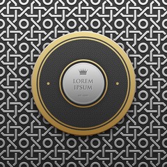 Round text banner template on silver/platinum metallic background with seamless geometric pattern. Elegant luxury style.