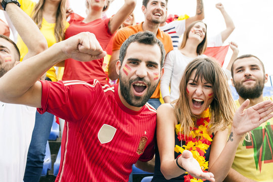 Spanish soccer fans cheering and shouting
