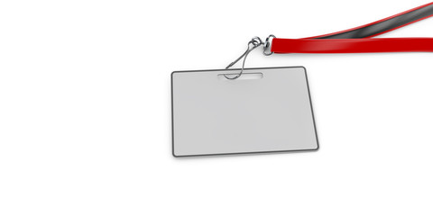 Red Blank name bagde lace mockup on white background, 3d illustration. Plain empty namebadge mock up with cotton band.