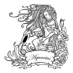 Zodiac sign Aquarius. Young man with long hair holding large amphora. Water flowing out. Frame of roses. Vintage art nouveau style concept art for horoscope, tattoo or colouring book.