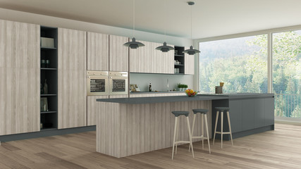 Fototapeta na wymiar Minimalistic kitchen with wooden and gray details, scandinavian