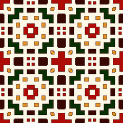 Bright seamless pattern with repeated geometric forms. Embroidery stylized ornamental abstract background.