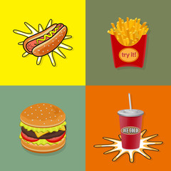 Fast food. Ketchup, mustard, glass of cola, french fries, hamburger, hot dog. Vector illustration.