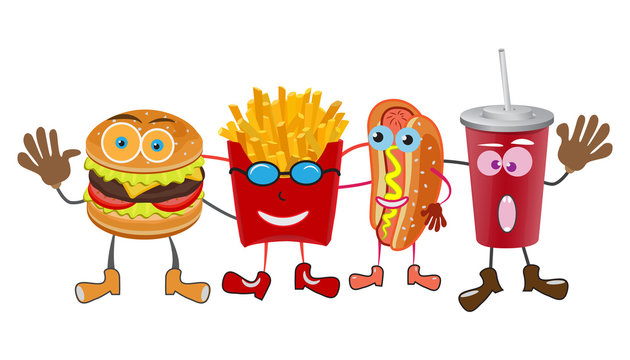 A group of friendly Fast Food meals isolated on white background. Smile concept. Vector illustration.