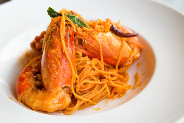 Spaghetti Tom Yam Goong with giant river prawn