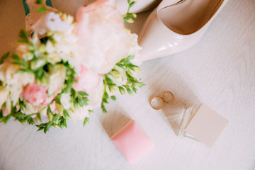 Wedding accessories. Bouquet and accessories of bride. Wedding details