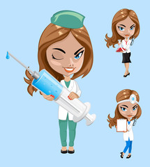 Vector illustration. Set of doctors or nurse in different poses.