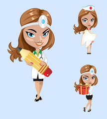 Vector illustration. Set of doctors or nurse in different poses.