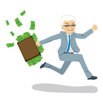 Senior Businessman Happy Running Away Carrying Briefcase Full With Money Spilling