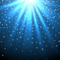 Fototapeta premium Snow and stars are falling on the background of blue luminous rays. Vector illustration.