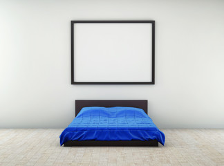 frame hangs on the wall over a blue bed. Mockup. 3d render
