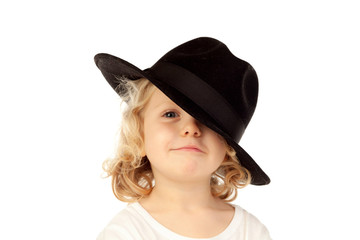 Funny small blond child with black hat