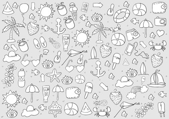 summer symbols and objects., drawing by hand vector.