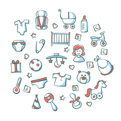 Baby icon set with toys, accessories and other child related items, isolated on white