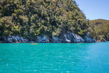 Fototapeta na wymiar Summer landscape with people kayaking in a yellow kayak in clear ocean water, Abel Tasman National Park, New Zealand