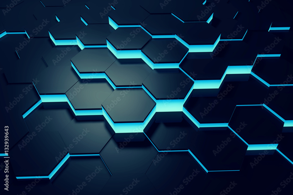 Poster glowing blue hexagon pattern background. 3d rendering