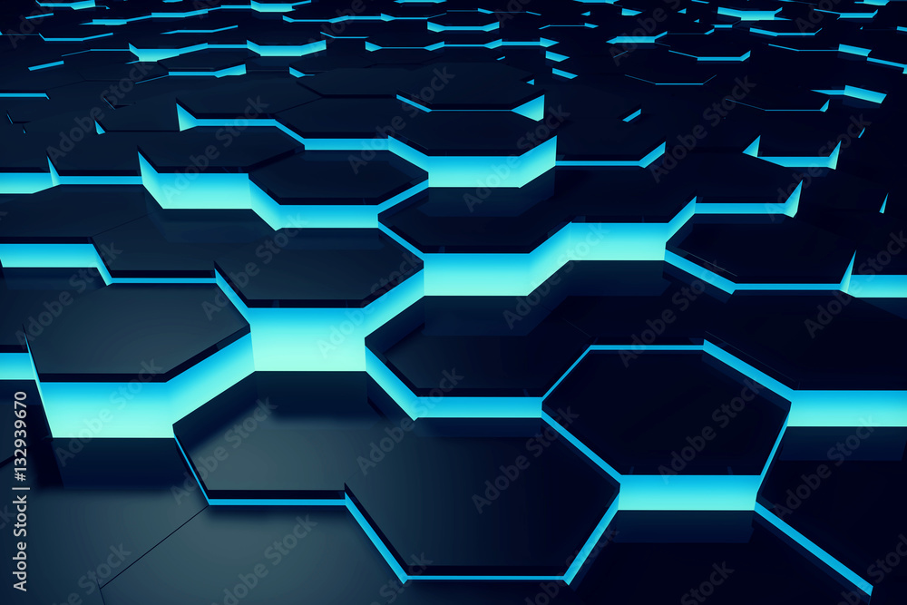 Poster glowing blue hexagon pattern background. 3d rendering