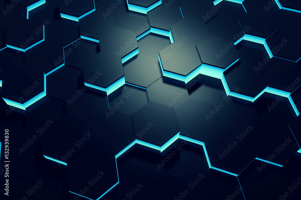 Aufkleber glowing blue hexagon pattern background. 3d rendering