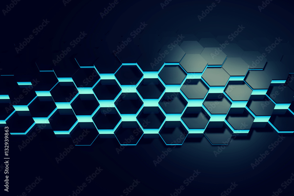 Aufkleber glowing blue hexagon pattern background. 3d rendering