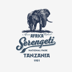 Африканский Слон, Национальный парк Серенгети, Танзания, в синем цвете, иллюстрация, вектор