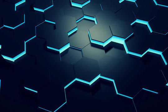 Glowing Blue Hexagon Pattern Background. 3D Rendering