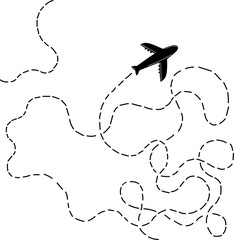  Hand drawn airplane with dotted lines road. Stylish vector illustration. Wanderlust. Travelling.