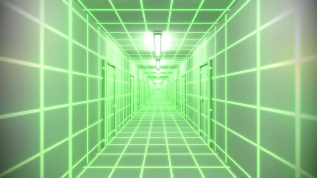 Endless white corridor doors neon tron 80s arcade glow loop wireframe matrix 4K