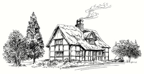 Hand drawn vector illustration - thatched roof stone cottage in