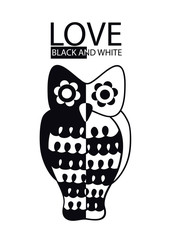 black and white vector owl illustration isolated on white background