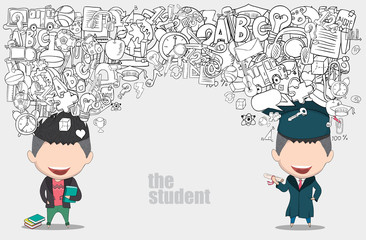 Graduated boy pupils back of school background, drawing by hand