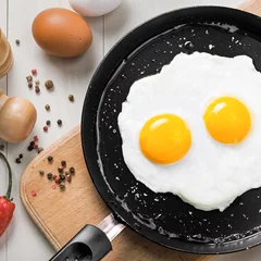 Printed kitchen splashbacks Fried eggs Delicious healthy simple breakfast meal made of eggs on a frying pan ready. Traditional homemade quick breakfast. International cuisine food. Top view.