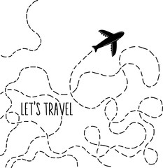 Hand drawn airplane with dotted lines road. Stylish vector illustration. Wanderlust. Travelling. 