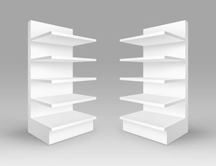 Vector Set of White Blank Empty Exhibition Trade Stands Shop Racks with Shelves Storefronts Isolated on Background