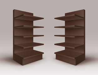 Vector Set of Brown Blank Empty Exhibition Trade Stands Shop Racks with Shelves Storefronts Isolated on Background