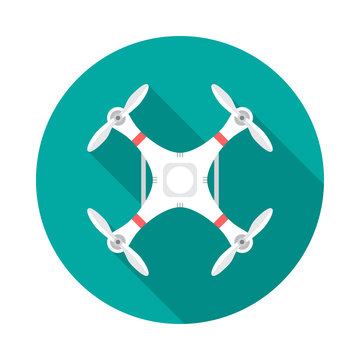 recommend clip art: White drone circle icon with long shadow. Flat design style. Drone silhouette. Modern round icon in stylish colors. Web site page and mobile app design vector element.