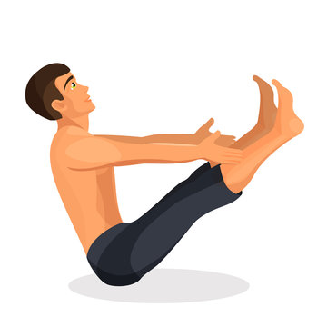 Boy practising yoga navasana pose, holding his hands and legs straight