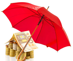 maison argent sous parasol rouge, concept projet construction assurances