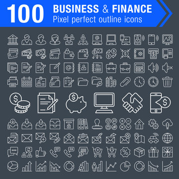 Set of 100 pixel perfect outline finance, banking and business icons for mobile apps and web design. 