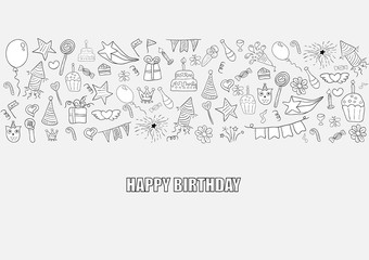 Happy birthday doodles objects, drawing by hand vector