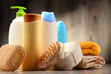 Plastic bottles of body care and beauty products