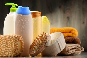 Plastic bottles of body care and beauty products