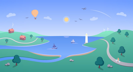 Fototapeta na wymiar Illustration with Idyllic Coastline - houses, boats, a cyclist, a lighthouse and hot air balloons flying over beautiful coastal scenery. Ideal for illustrating themes of travel and tourism.