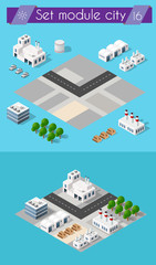 Building 3D industry construction for isometric infographics of flat design with urban landscape and industrial factory buildings and vector illustration