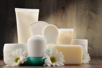 Composition with containers of body care and beauty products