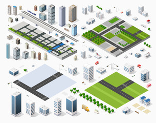 Cityscape design elements with isometric building city map generator. 3D flat icon set. Isolated collection elements for creating your perfect road, park, transport, trees, infrastructure, industrial